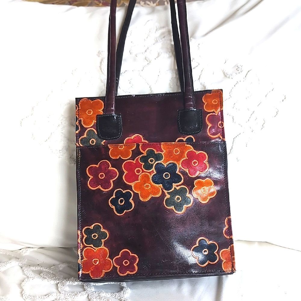 100% Genuine Leather Plum Colored 🏵️Flower Power -Vintage Leather Handbag/Tote - Picture 1 of 15